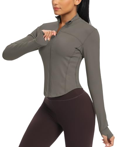 Workout Running Jackets for Women Zip Up Athletic Yoga Cropped Tops with Thumb Holes