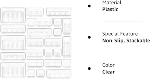 Vtopmart 25 PCS Plastic Clear Drawer Organizer, Acrylic Desk Drawer organizers, Organization and Storage for Makeup, Bathroom, Office, kitchen, Bedroom