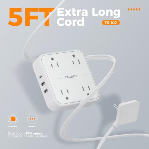 Flat Plug Extension Cord Indoor 5 Feet, Power Bars with Surge Protector, TESSAN Power Strip with 4 Multiple Outlets 3 USB Ports (1 USB C), Surge Protection for Dorm Room Home Office, Gray