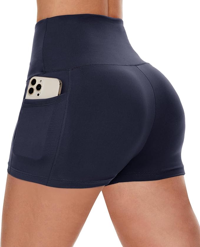 Workout Biker Shorts Women with Pockets - 3"/5" High Waisted Spandex Booty Tummy Control Gym Yoga Shorts