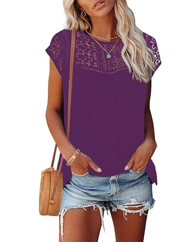 WNEEDU Women's Summer T Shirts Casual Crew Neck Lace Trim Ladies Tops 2025 New