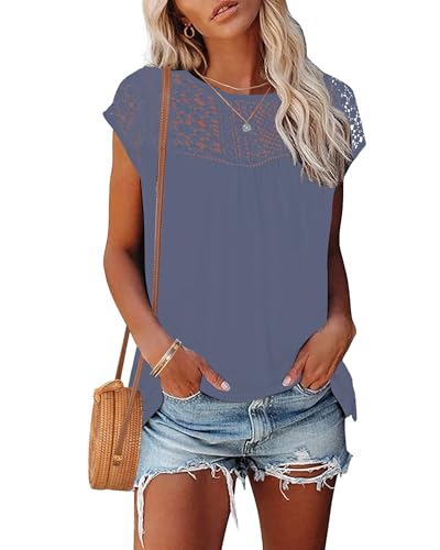 WNEEDU Women's Summer T Shirts Casual Crew Neck Lace Trim Ladies Tops 2025 New