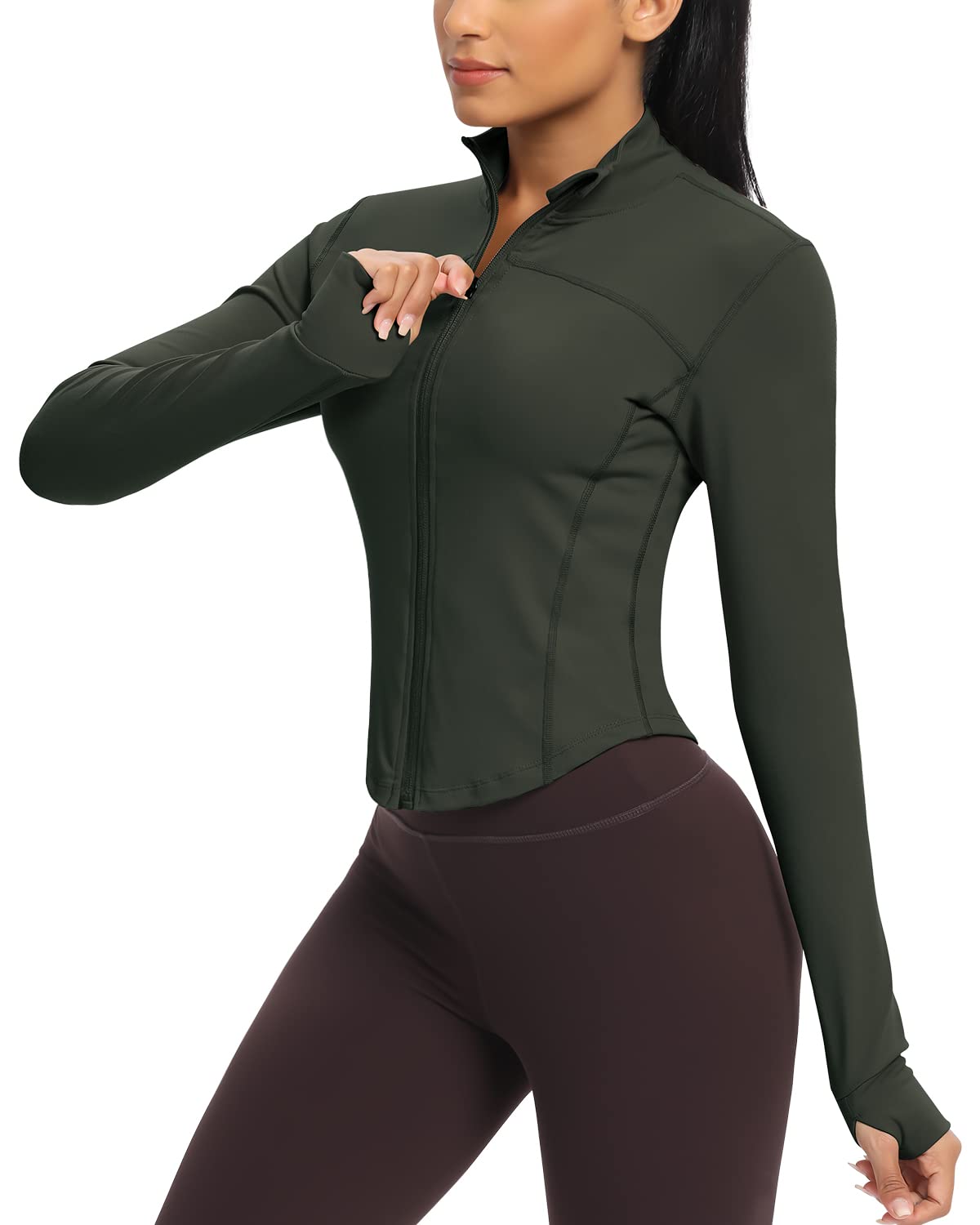 Workout Running Jackets for Women Zip Up Athletic Yoga Cropped Tops with Thumb Holes