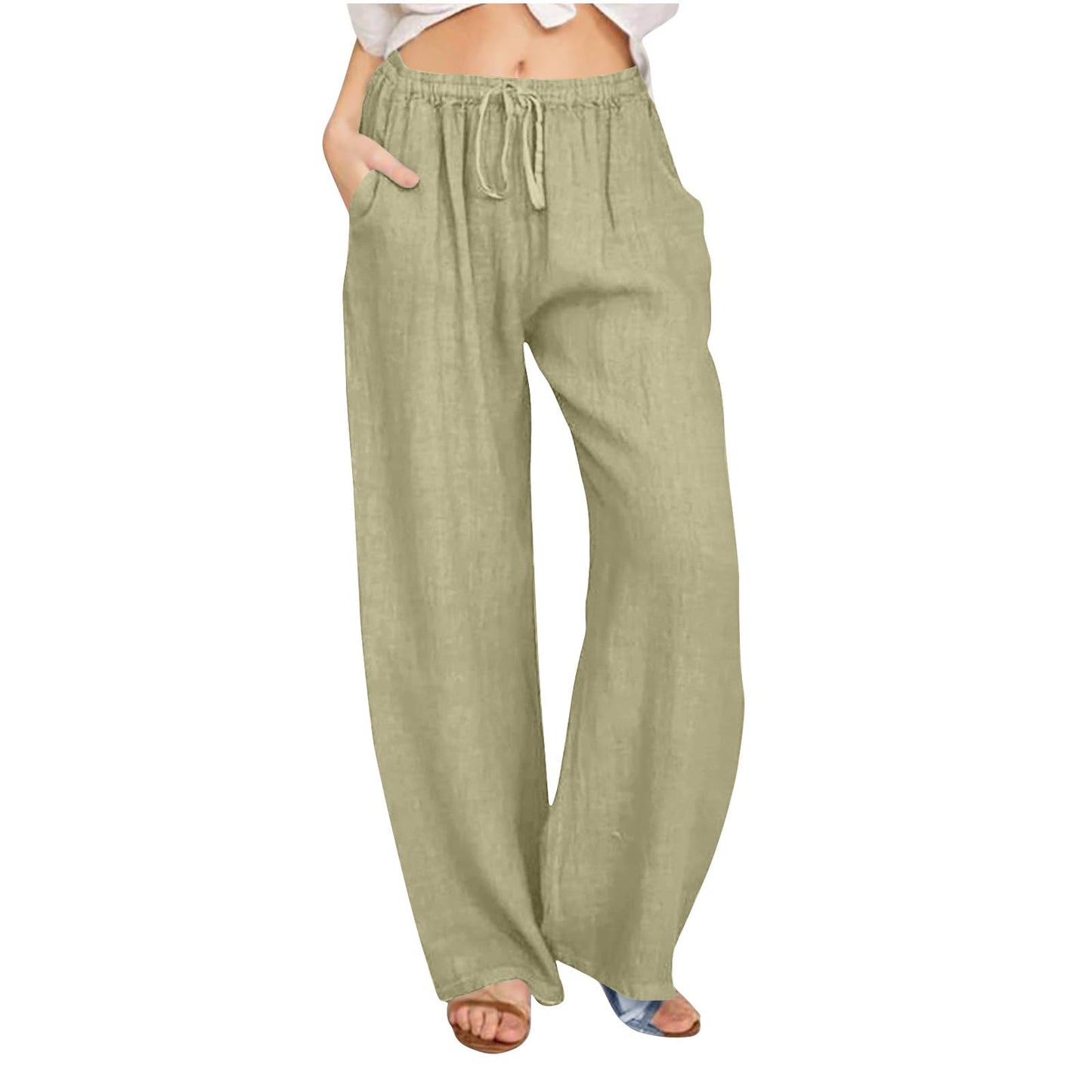 Womens Linen Pants Wide Leg Trendy Casual Pants Elastic High Waist Drawstring Loose Fit Palazzo Trousers with Pockets