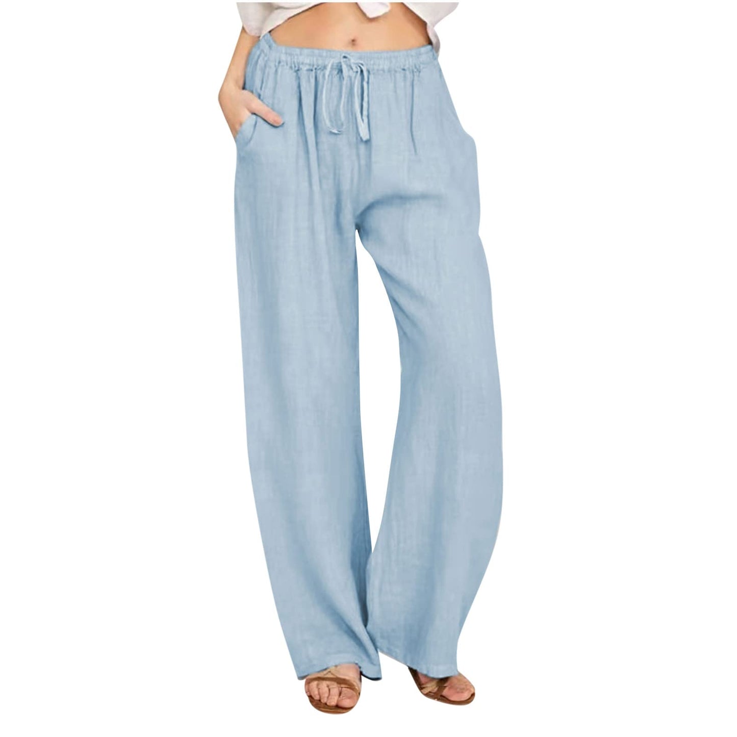 Womens Linen Pants Wide Leg Trendy Casual Pants Elastic High Waist Drawstring Loose Fit Palazzo Trousers with Pockets