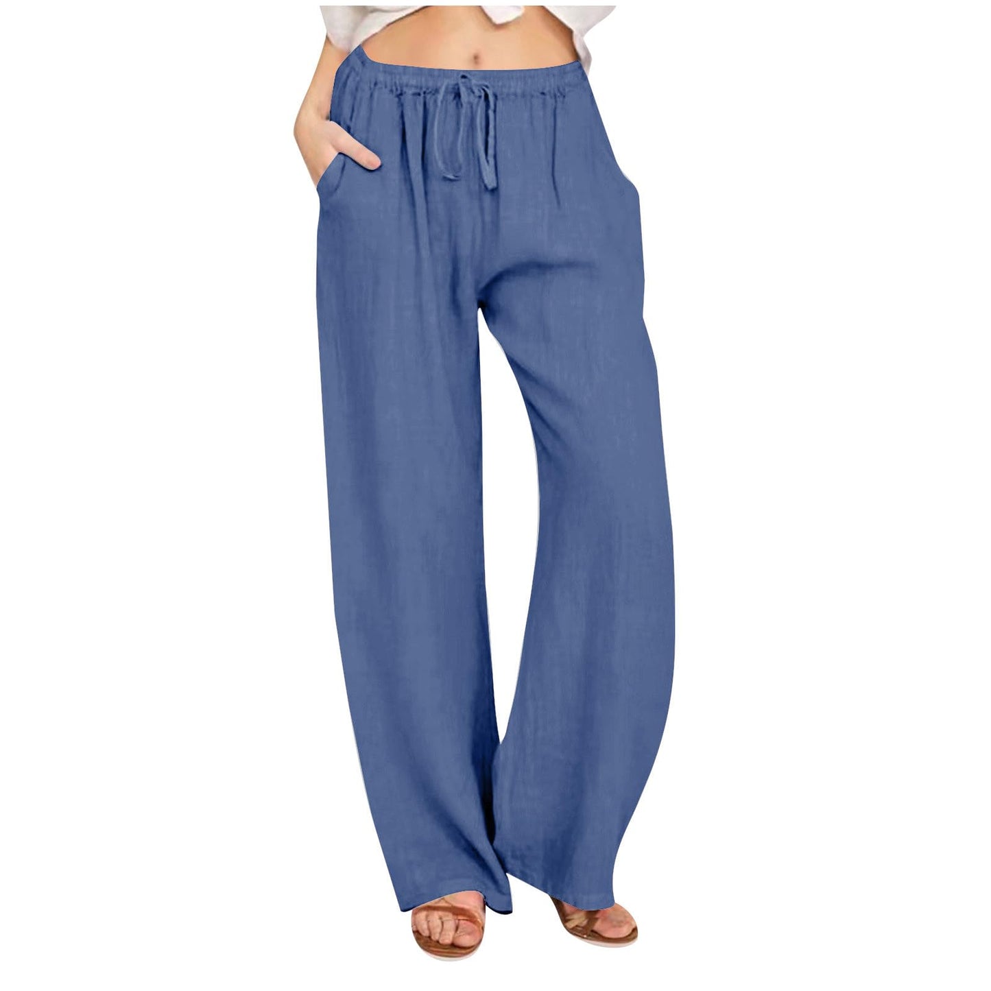 Womens Linen Pants Wide Leg Trendy Casual Pants Elastic High Waist Drawstring Loose Fit Palazzo Trousers with Pockets