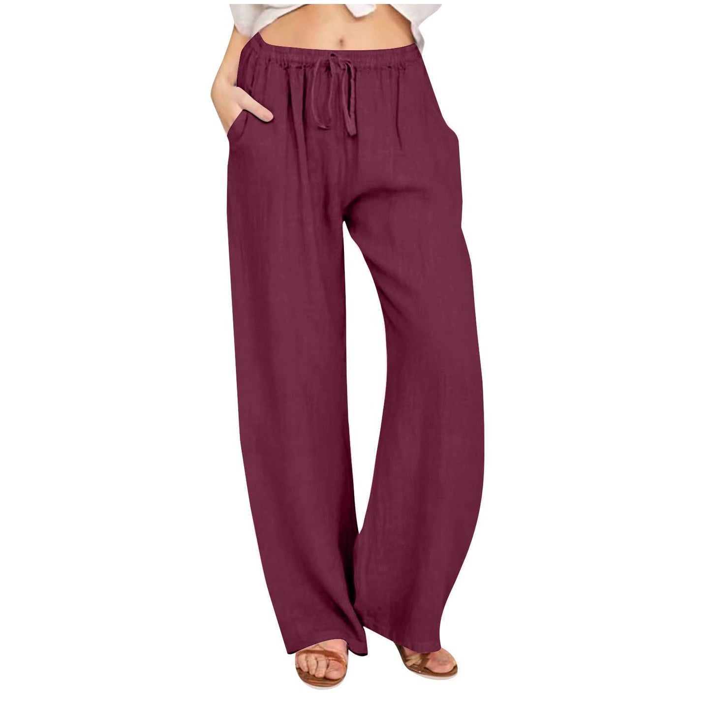 Womens Linen Pants Wide Leg Trendy Casual Pants Elastic High Waist Drawstring Loose Fit Palazzo Trousers with Pockets
