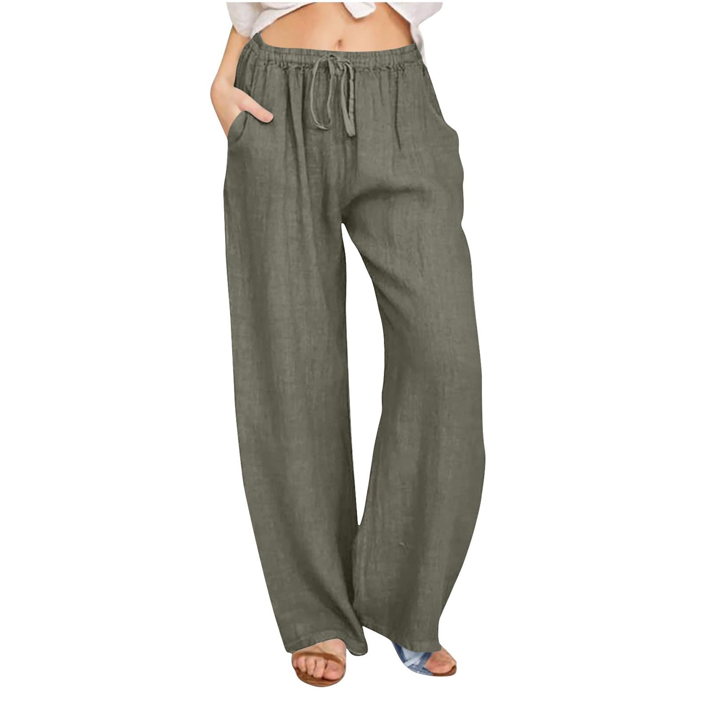 Womens Linen Pants Wide Leg Trendy Casual Pants Elastic High Waist Drawstring Loose Fit Palazzo Trousers with Pockets