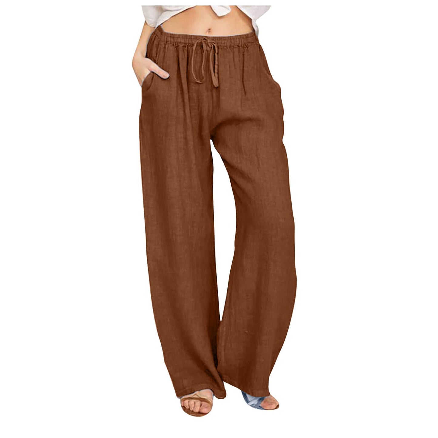 Womens Linen Pants Wide Leg Trendy Casual Pants Elastic High Waist Drawstring Loose Fit Palazzo Trousers with Pockets