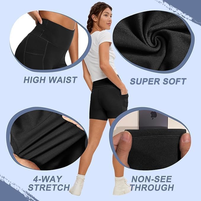 Workout Biker Shorts Women with Pockets - 3"/5" High Waisted Spandex Booty Tummy Control Gym Yoga Shorts