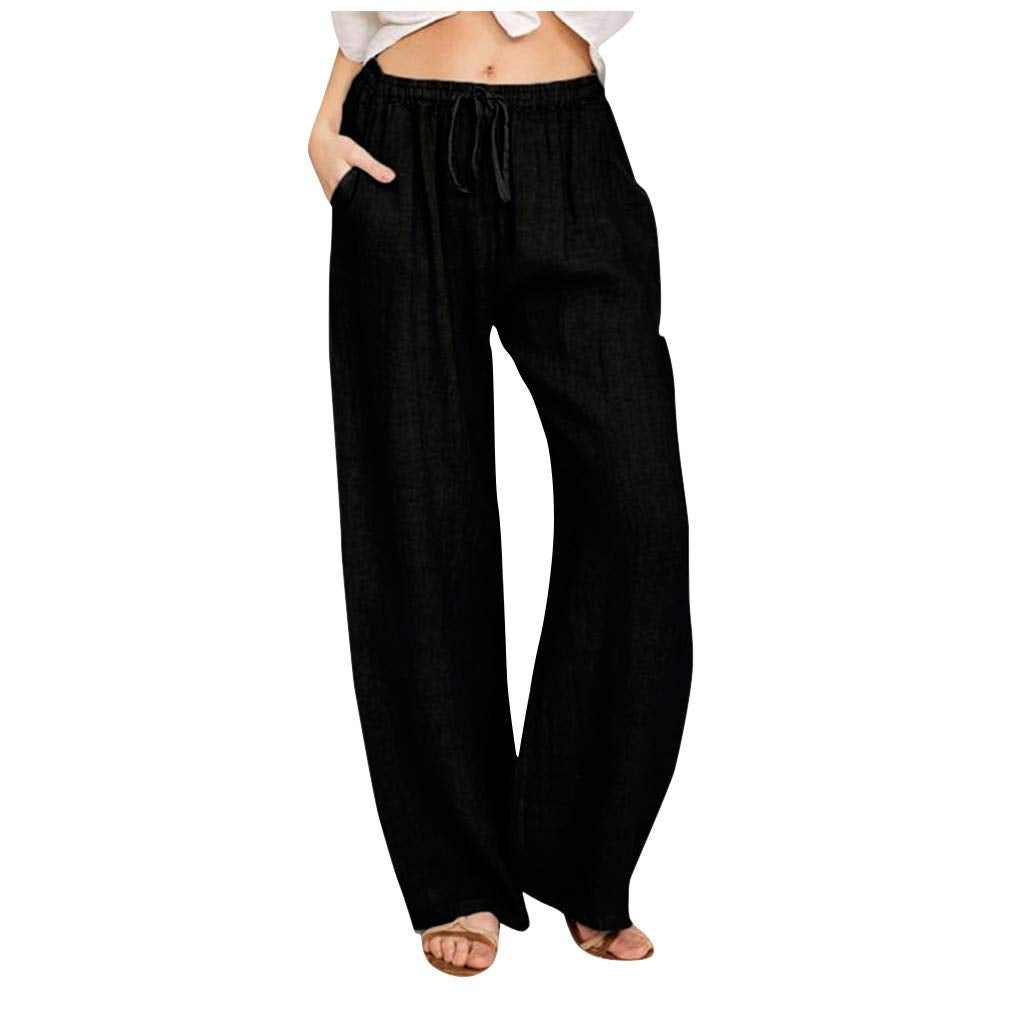 Womens Linen Pants Wide Leg Trendy Casual Pants Elastic High Waist Drawstring Loose Fit Palazzo Trousers with Pockets