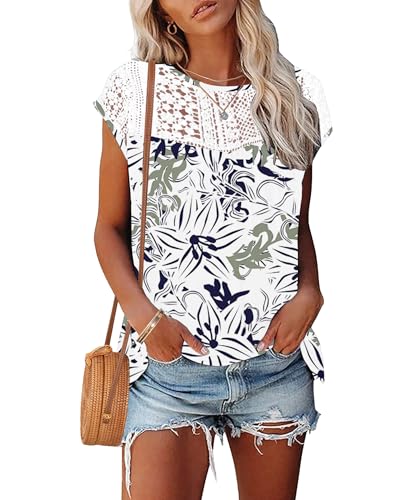 WNEEDU Women's Summer T Shirts Casual Crew Neck Lace Trim Ladies Tops 2025 New