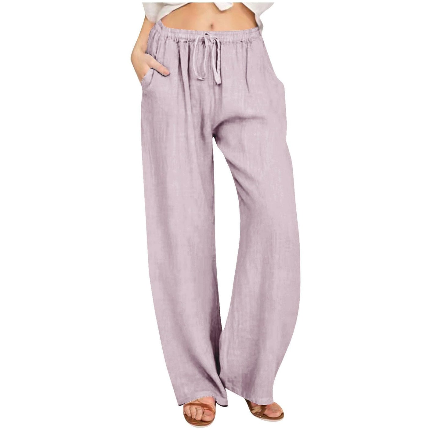 Womens Linen Pants Wide Leg Trendy Casual Pants Elastic High Waist Drawstring Loose Fit Palazzo Trousers with Pockets