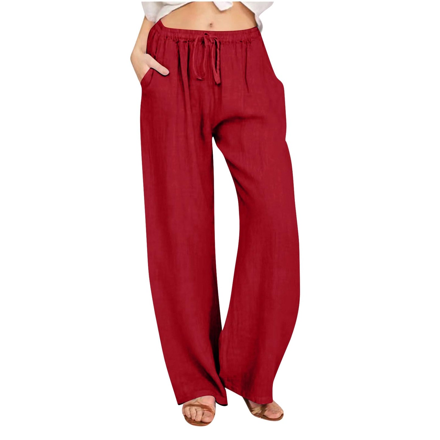 Womens Linen Pants Wide Leg Trendy Casual Pants Elastic High Waist Drawstring Loose Fit Palazzo Trousers with Pockets