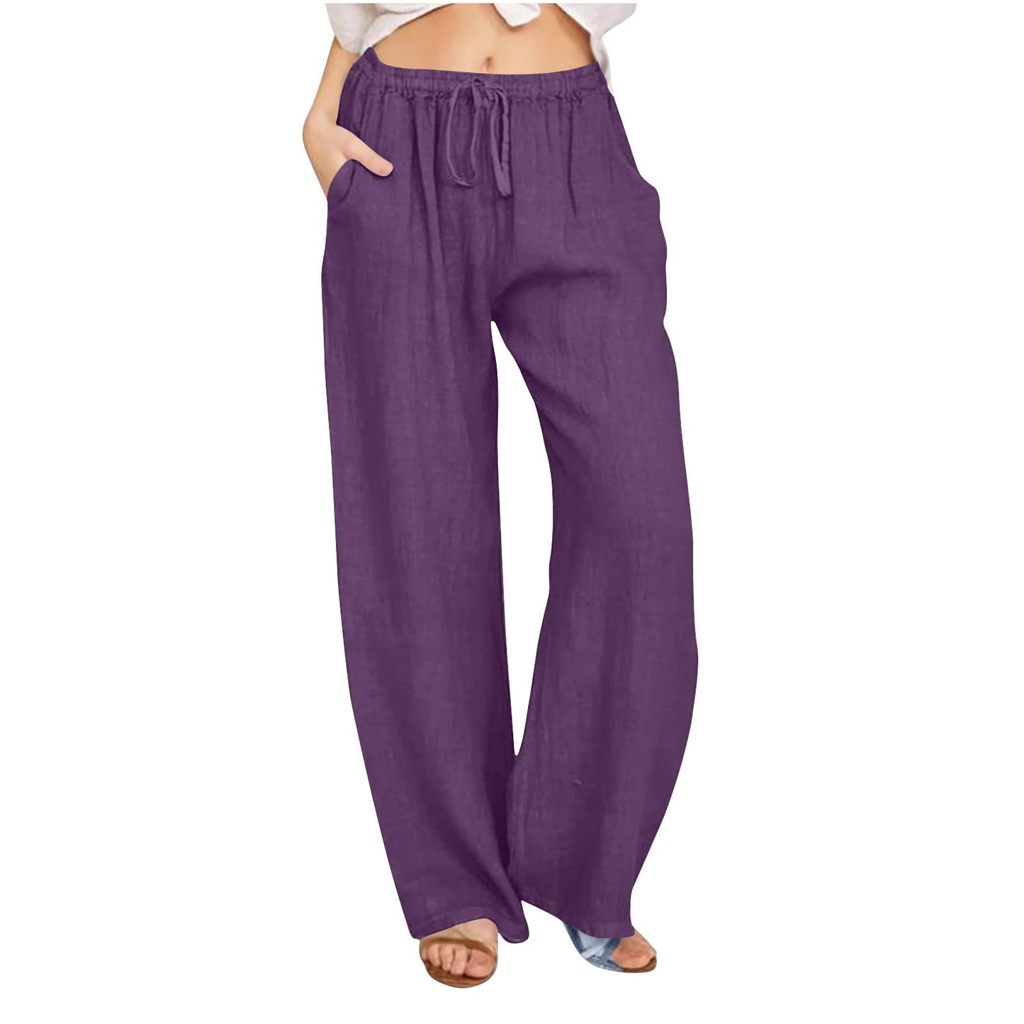 Womens Linen Pants Wide Leg Trendy Casual Pants Elastic High Waist Drawstring Loose Fit Palazzo Trousers with Pockets