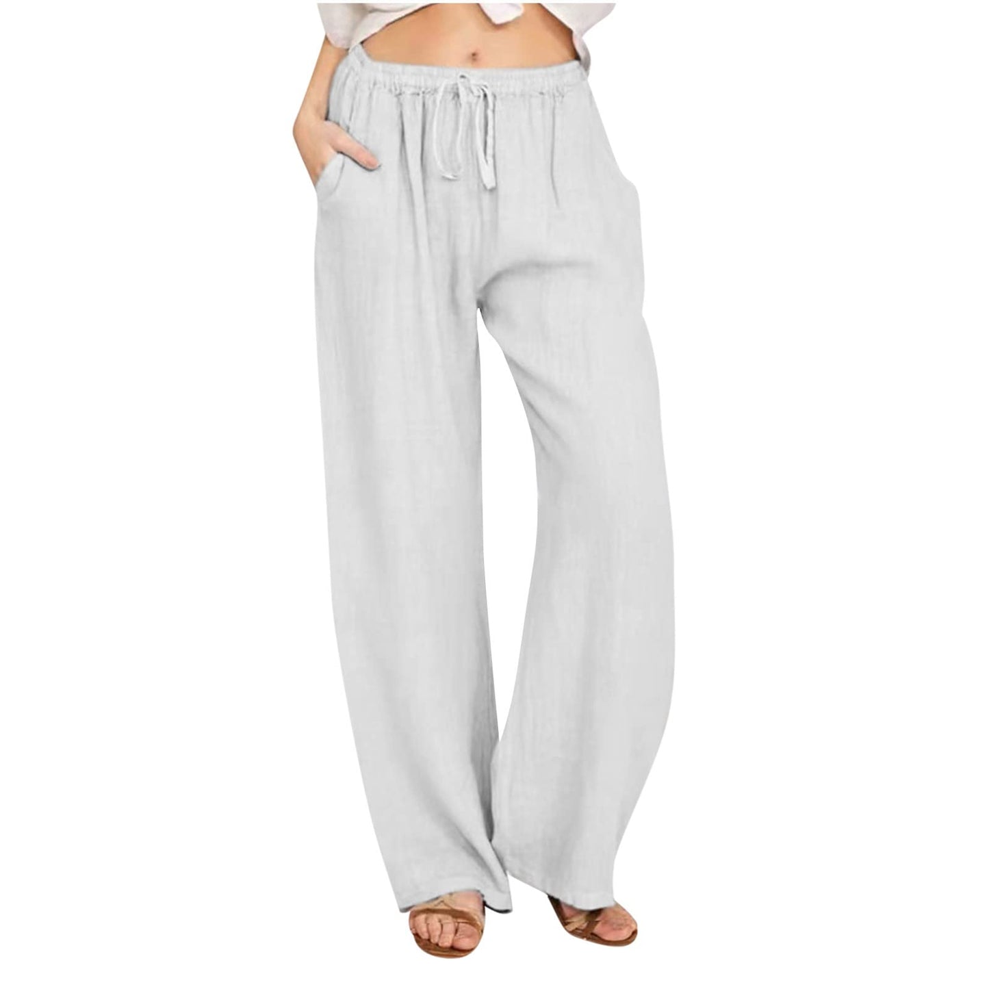 Womens Linen Pants Wide Leg Trendy Casual Pants Elastic High Waist Drawstring Loose Fit Palazzo Trousers with Pockets