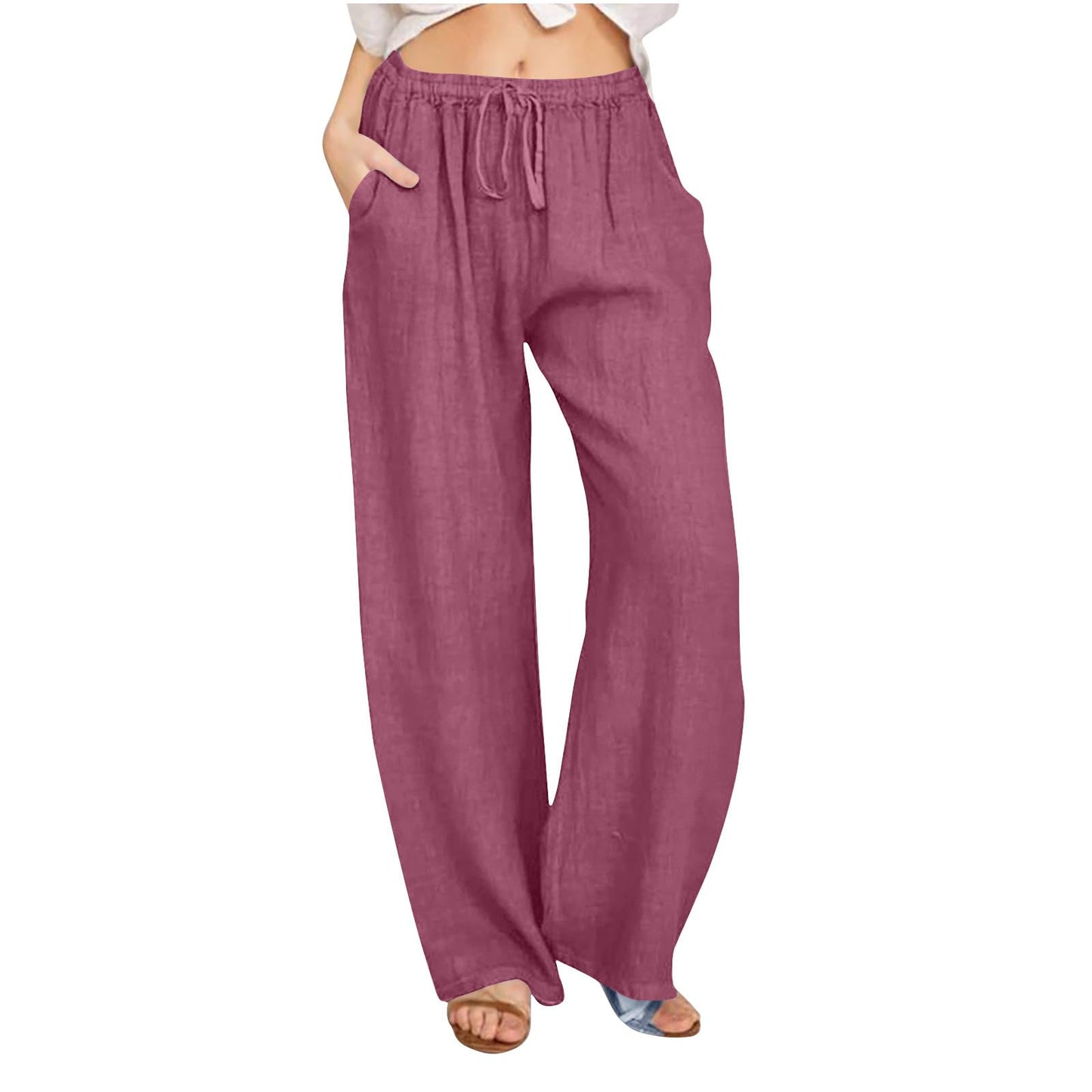 Womens Linen Pants Wide Leg Trendy Casual Pants Elastic High Waist Drawstring Loose Fit Palazzo Trousers with Pockets
