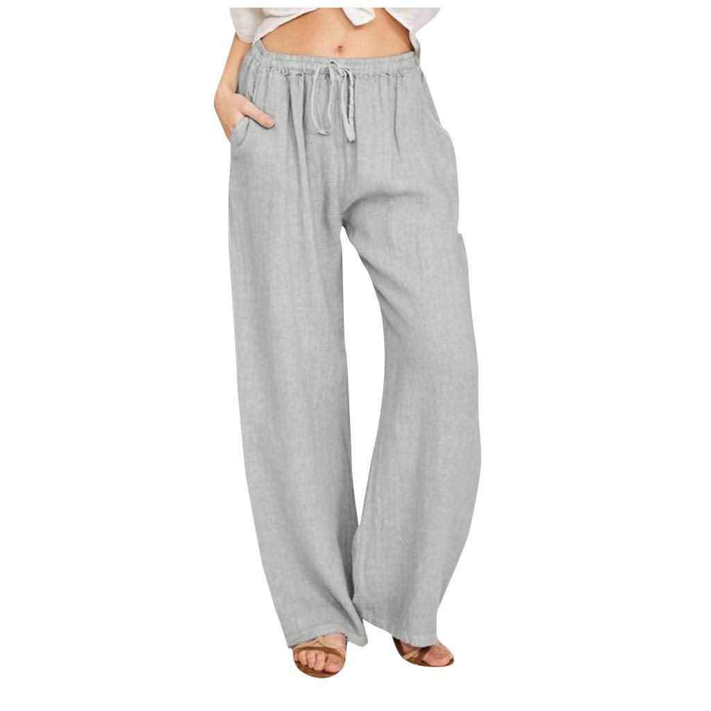 Womens Linen Pants Wide Leg Trendy Casual Pants Elastic High Waist Drawstring Loose Fit Palazzo Trousers with Pockets