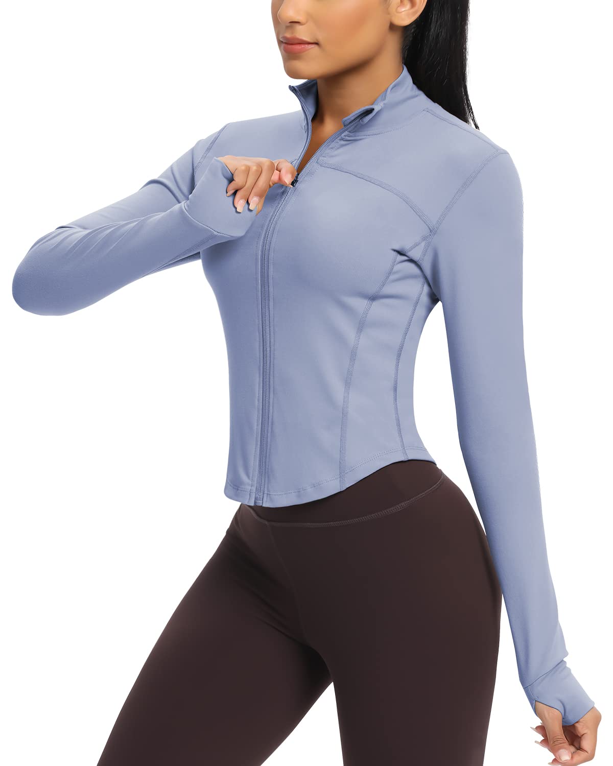 Workout Running Jackets for Women Zip Up Athletic Yoga Cropped Tops with Thumb Holes