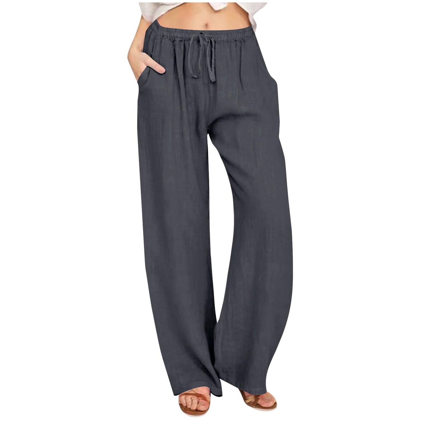 Womens Linen Pants Wide Leg Trendy Casual Pants Elastic High Waist Drawstring Loose Fit Palazzo Trousers with Pockets