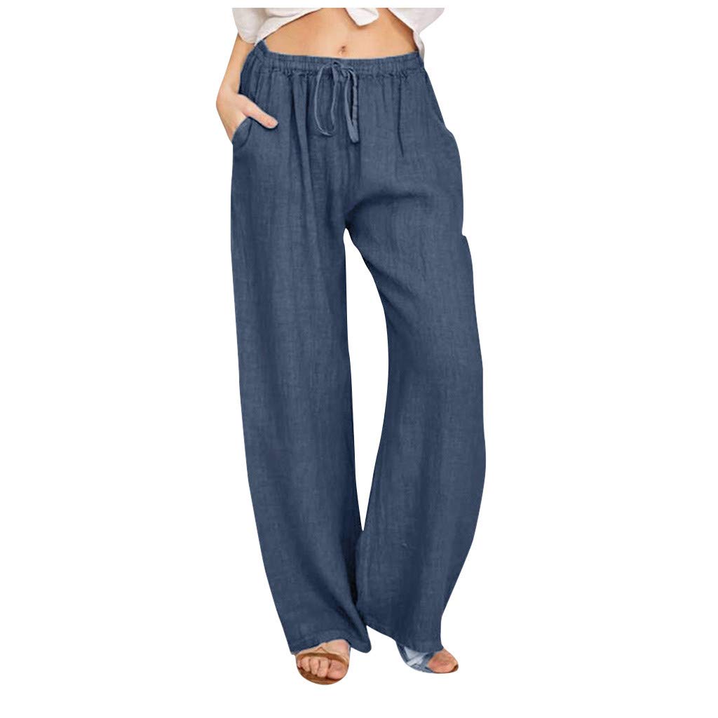 Womens Linen Pants Wide Leg Trendy Casual Pants Elastic High Waist Drawstring Loose Fit Palazzo Trousers with Pockets