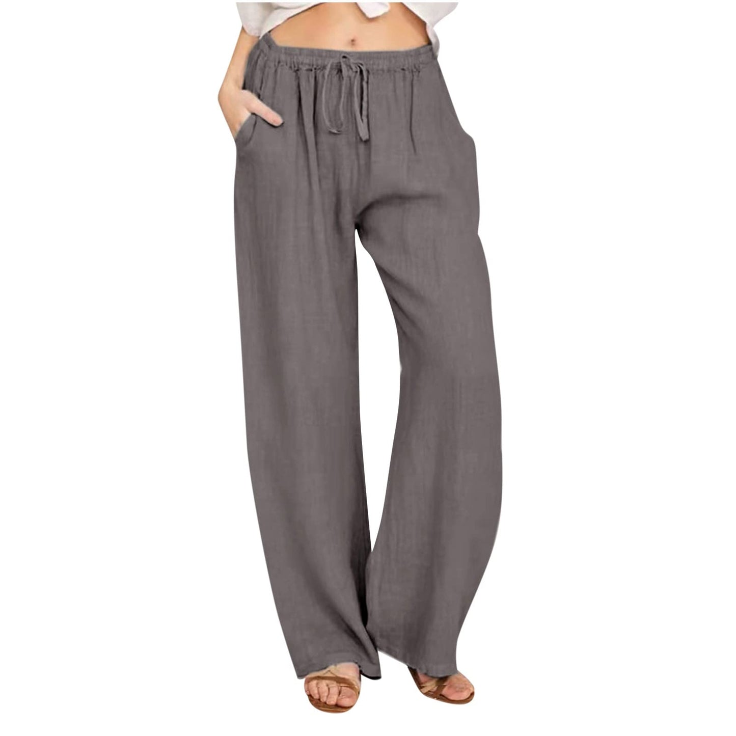 Womens Linen Pants Wide Leg Trendy Casual Pants Elastic High Waist Drawstring Loose Fit Palazzo Trousers with Pockets