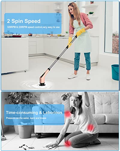 Leebein Electric Spin Scrubber, Cordless Cleaning Brush with 8 Replaceable Brush Heads, Tub and Floor Tile Power Scrubber Dual Speed with Adjustable & Detachable Handle for Bathroom Cleaning