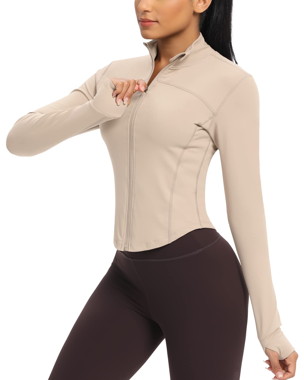 Workout Running Jackets for Women Zip Up Athletic Yoga Cropped Tops with Thumb Holes