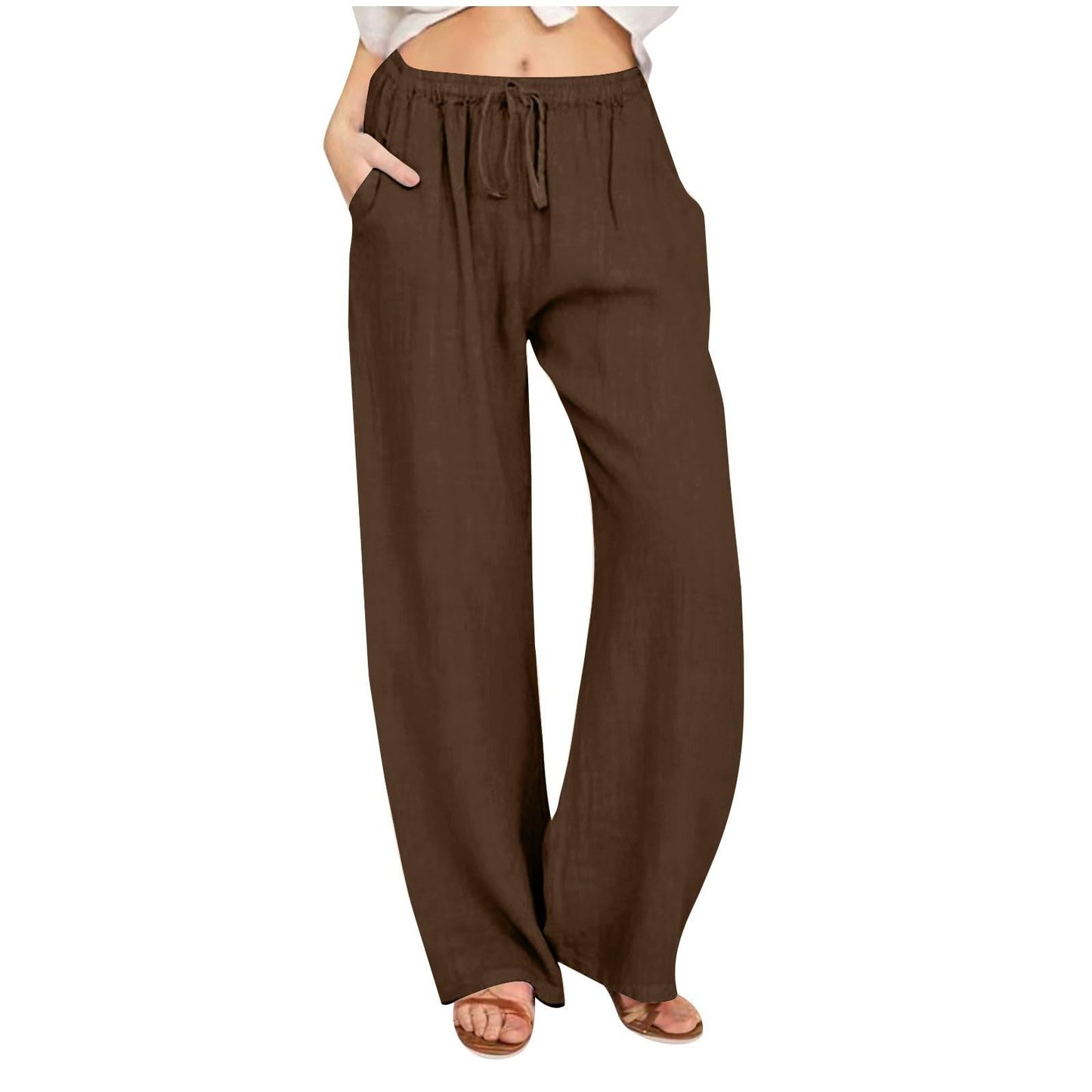 Womens Linen Pants Wide Leg Trendy Casual Pants Elastic High Waist Drawstring Loose Fit Palazzo Trousers with Pockets