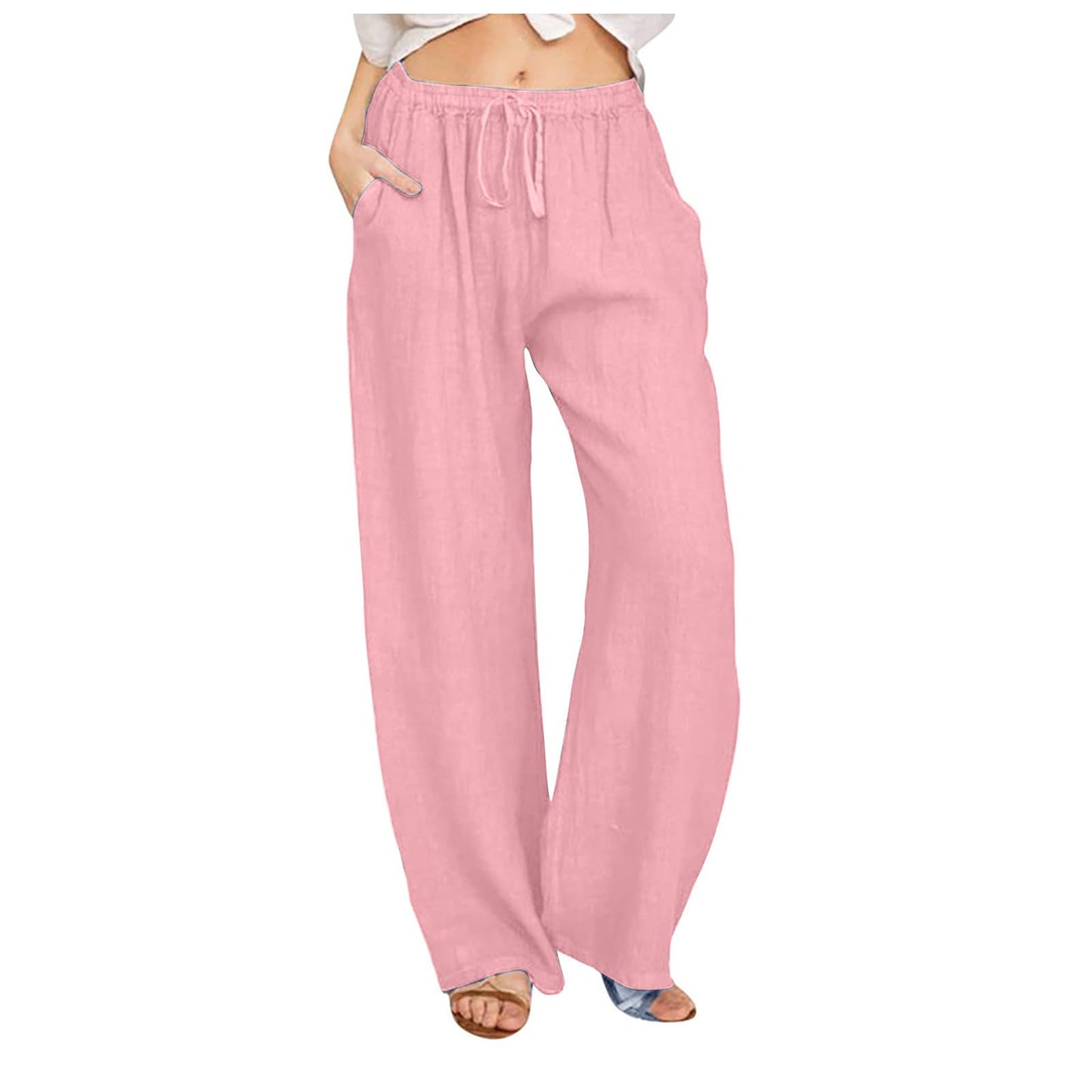 Womens Linen Pants Wide Leg Trendy Casual Pants Elastic High Waist Drawstring Loose Fit Palazzo Trousers with Pockets