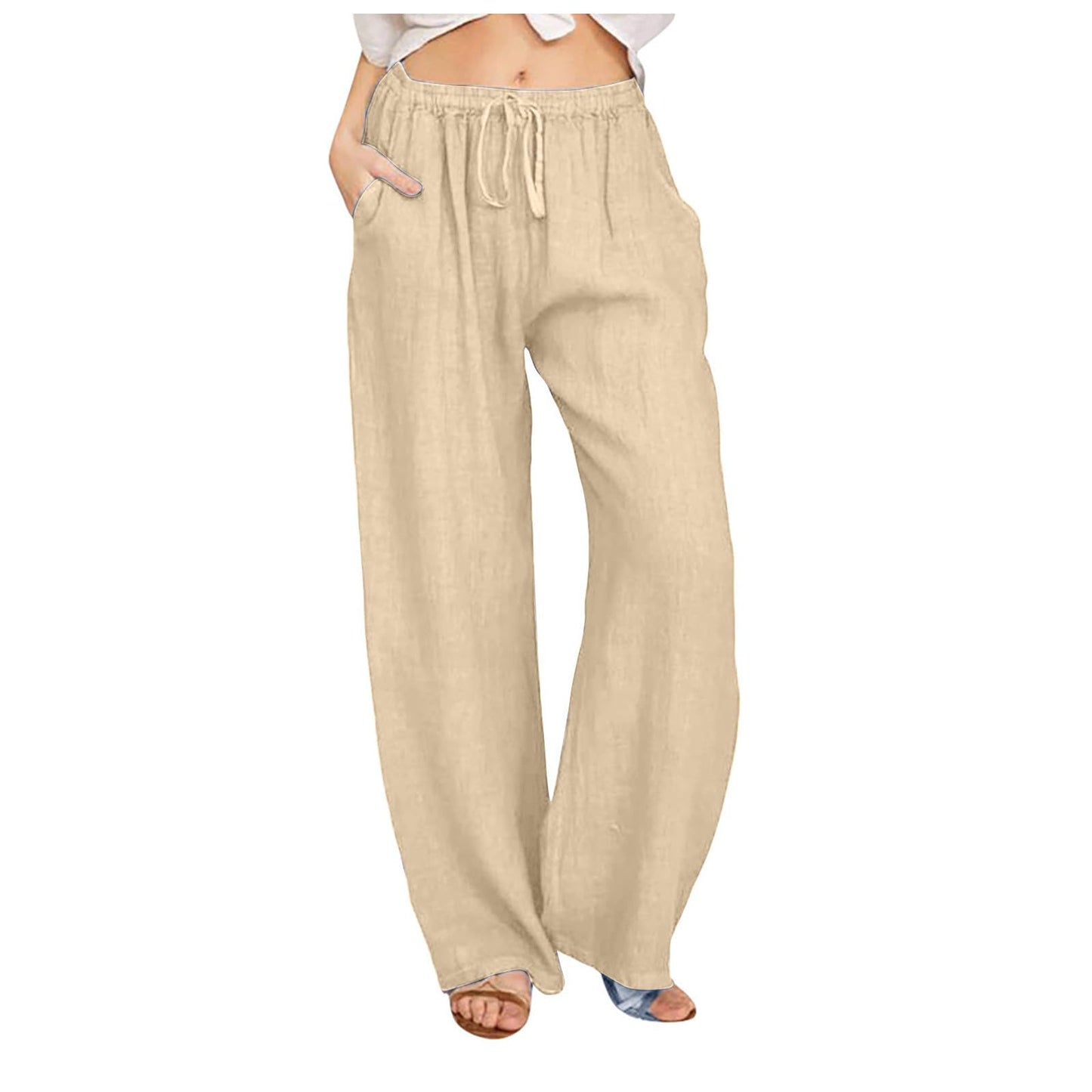 Womens Linen Pants Wide Leg Trendy Casual Pants Elastic High Waist Drawstring Loose Fit Palazzo Trousers with Pockets
