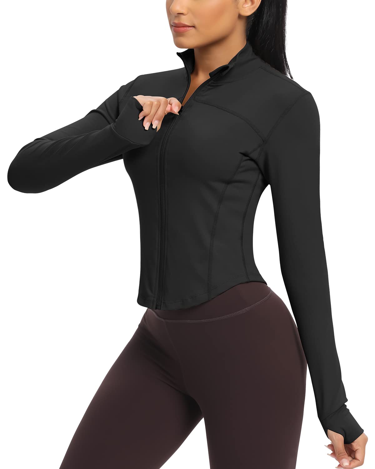 Workout Running Jackets for Women Zip Up Athletic Yoga Cropped Tops with Thumb Holes