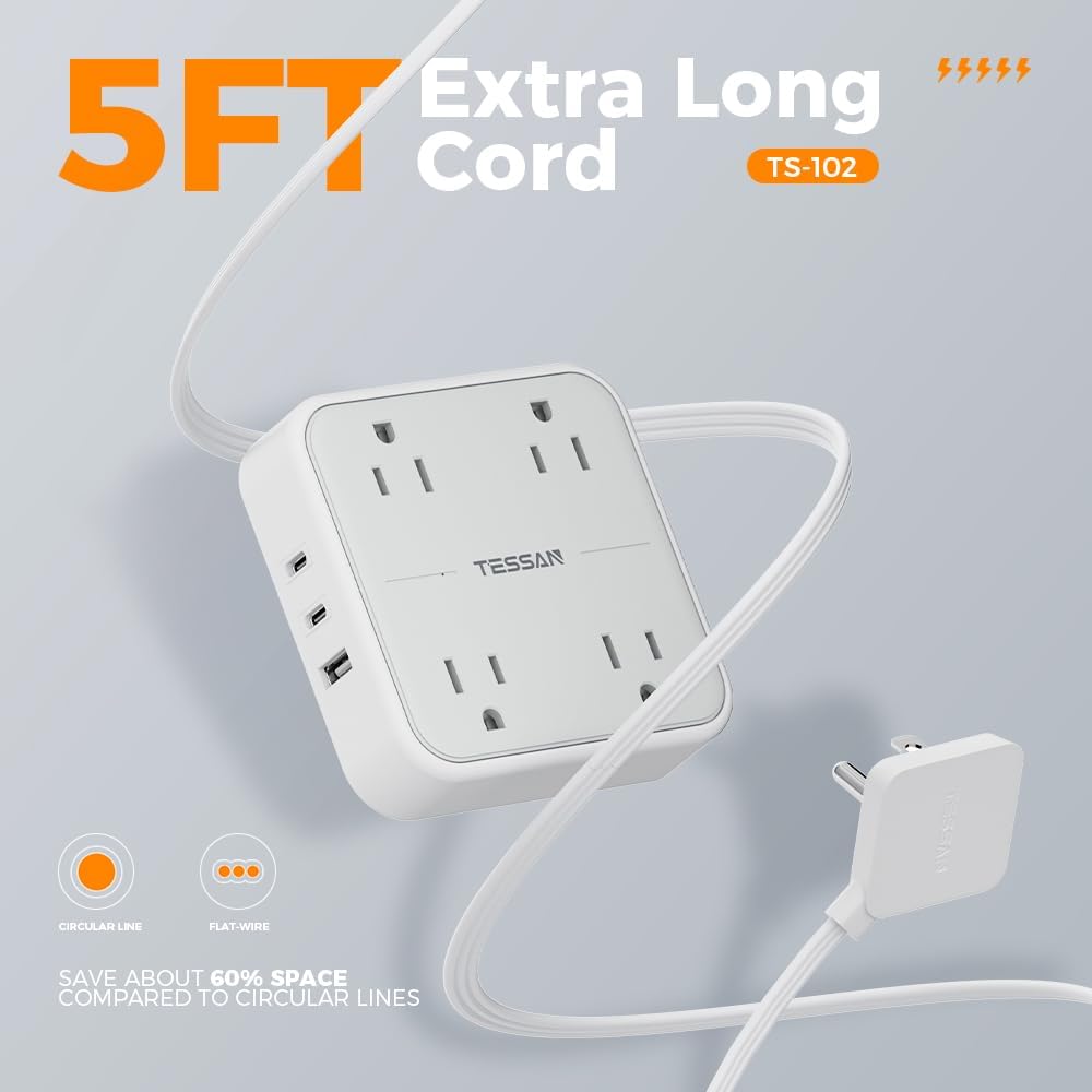 Flat Plug Extension Cord Indoor 5 Feet, Power Bars with Surge Protector, TESSAN Power Strip with 4 Multiple Outlets 3 USB Ports (1 USB C), Surge Protection for Dorm Room Home Office, Gray