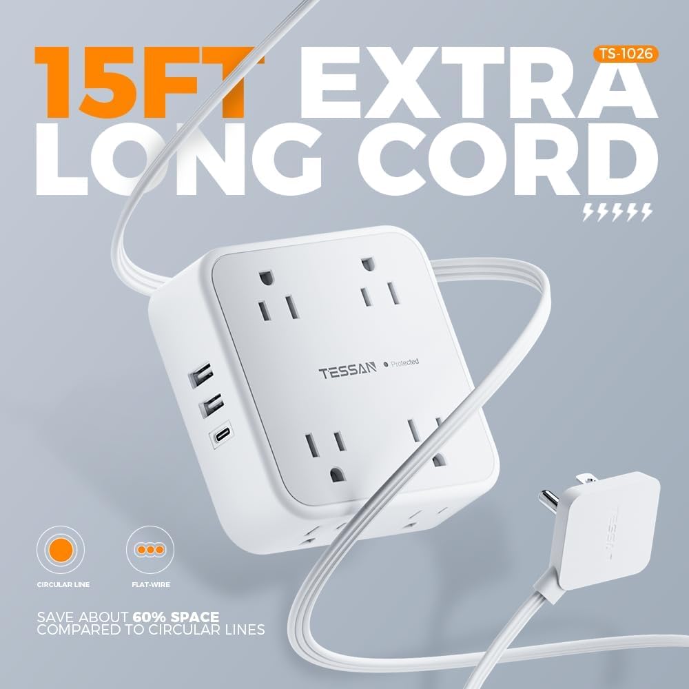 Flat Plug Extension Cord Indoor 5 Feet, Power Bars with Surge Protector, TESSAN Power Strip with 4 Multiple Outlets 3 USB Ports (1 USB C), Surge Protection for Dorm Room Home Office, Gray