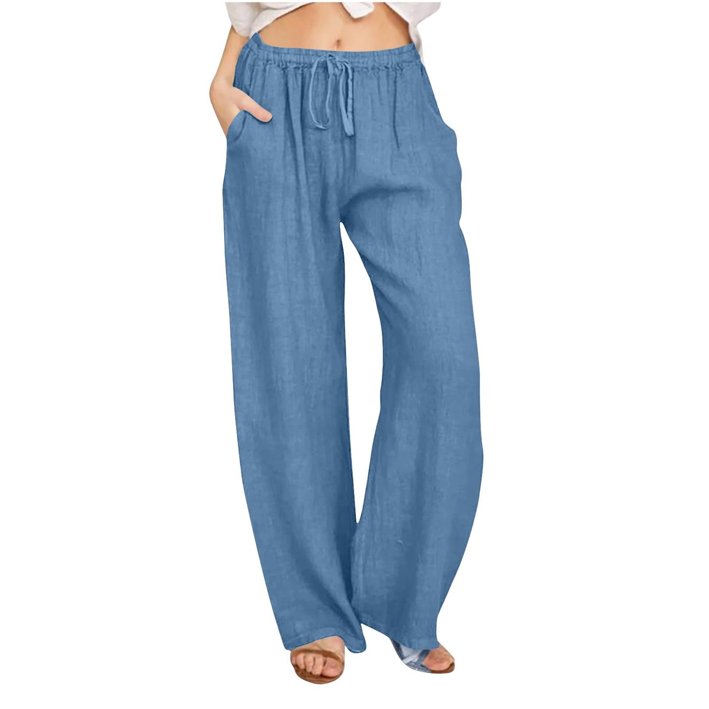 Womens Linen Pants Wide Leg Trendy Casual Pants Elastic High Waist Drawstring Loose Fit Palazzo Trousers with Pockets