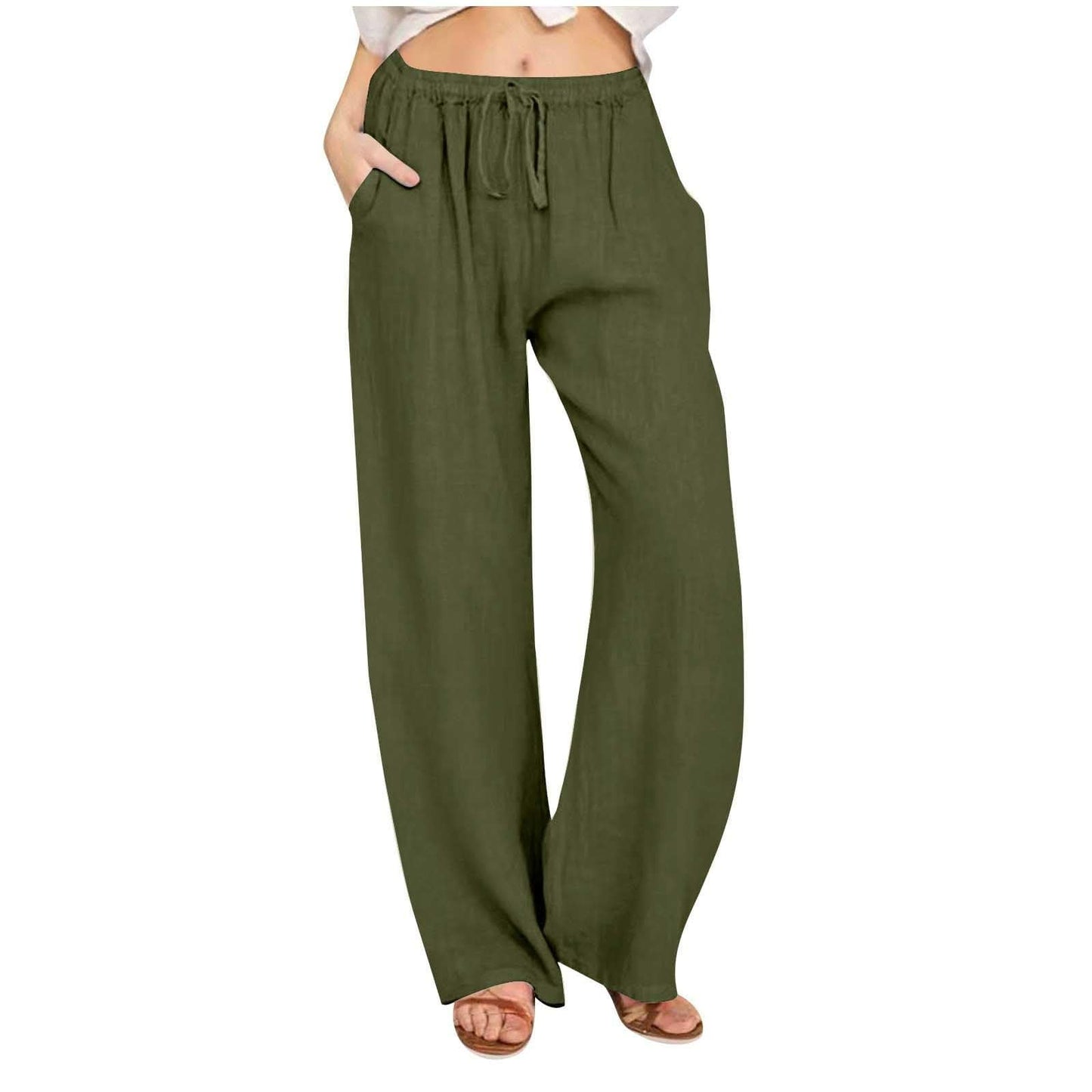 Womens Linen Pants Wide Leg Trendy Casual Pants Elastic High Waist Drawstring Loose Fit Palazzo Trousers with Pockets