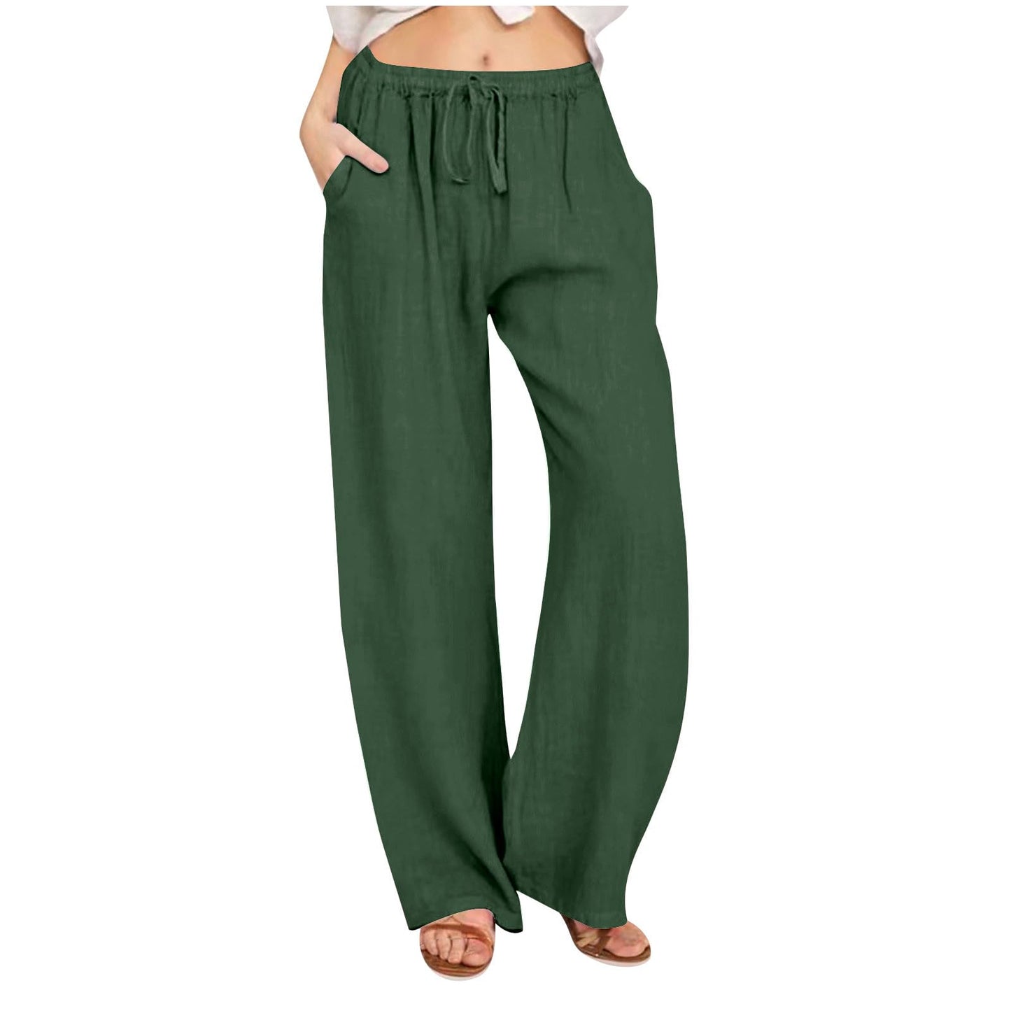 Womens Linen Pants Wide Leg Trendy Casual Pants Elastic High Waist Drawstring Loose Fit Palazzo Trousers with Pockets