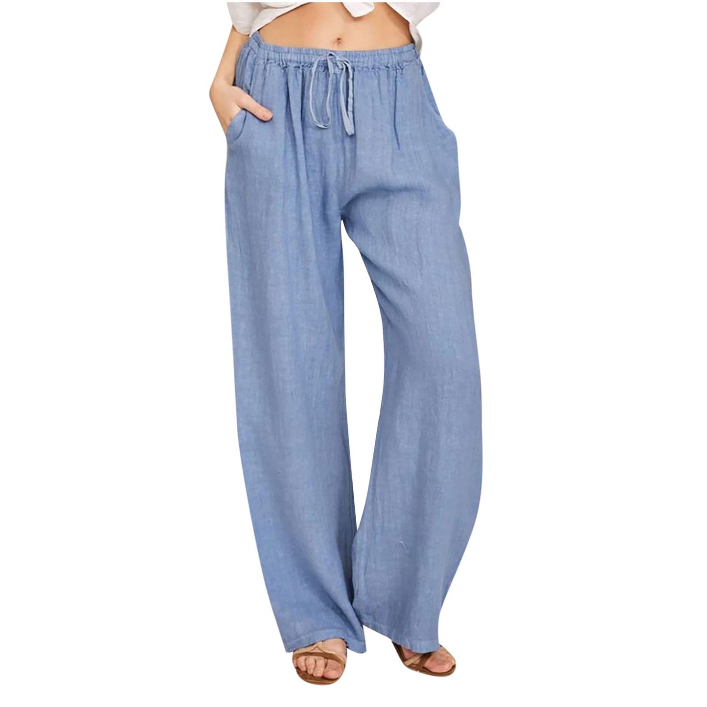 Womens Linen Pants Wide Leg Trendy Casual Pants Elastic High Waist Drawstring Loose Fit Palazzo Trousers with Pockets