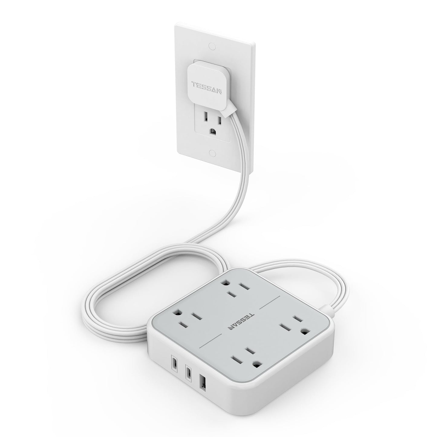 Flat Plug Extension Cord Indoor 5 Feet, Power Bars with Surge Protector, TESSAN Power Strip with 4 Multiple Outlets 3 USB Ports (1 USB C), Surge Protection for Dorm Room Home Office, Gray