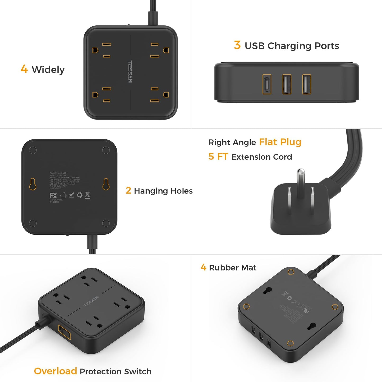 Flat Plug Extension Cord Indoor 5 Feet, Power Bars with Surge Protector, TESSAN Power Strip with 4 Multiple Outlets 3 USB Ports (1 USB C), Surge Protection for Dorm Room Home Office, Gray