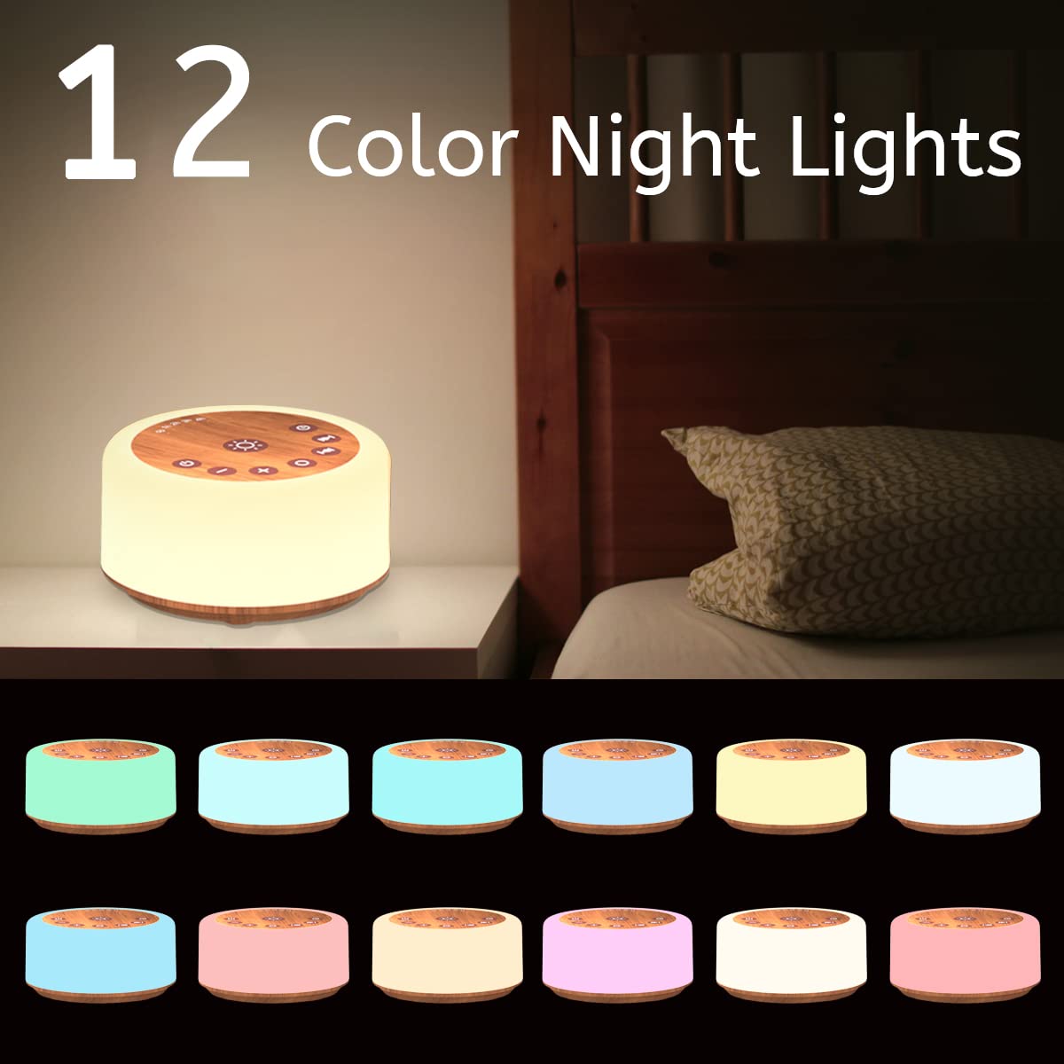 Sound Machines White Noise Machine 12 Colors Night Lights with 30 Soothing Sounds Sleep Machine with 5 Timers Portable for Home Travel and Office-Black