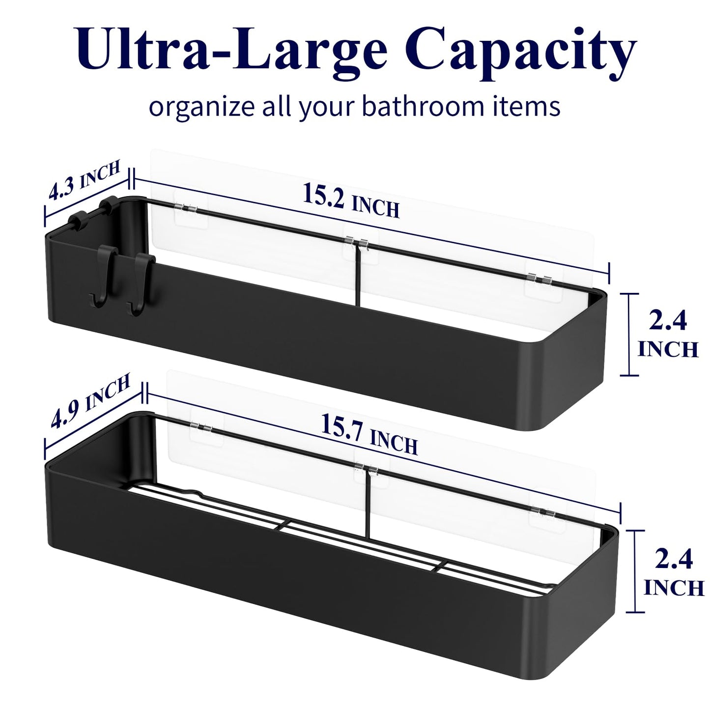 Kitsure Large Shower Caddy - 2 Pack Adhesive Shower Organizer, Drill-Free Shower Shelves for Inside Shower, Rustproof Bathroom Shelf Shower Shelf for Bathroom, Black