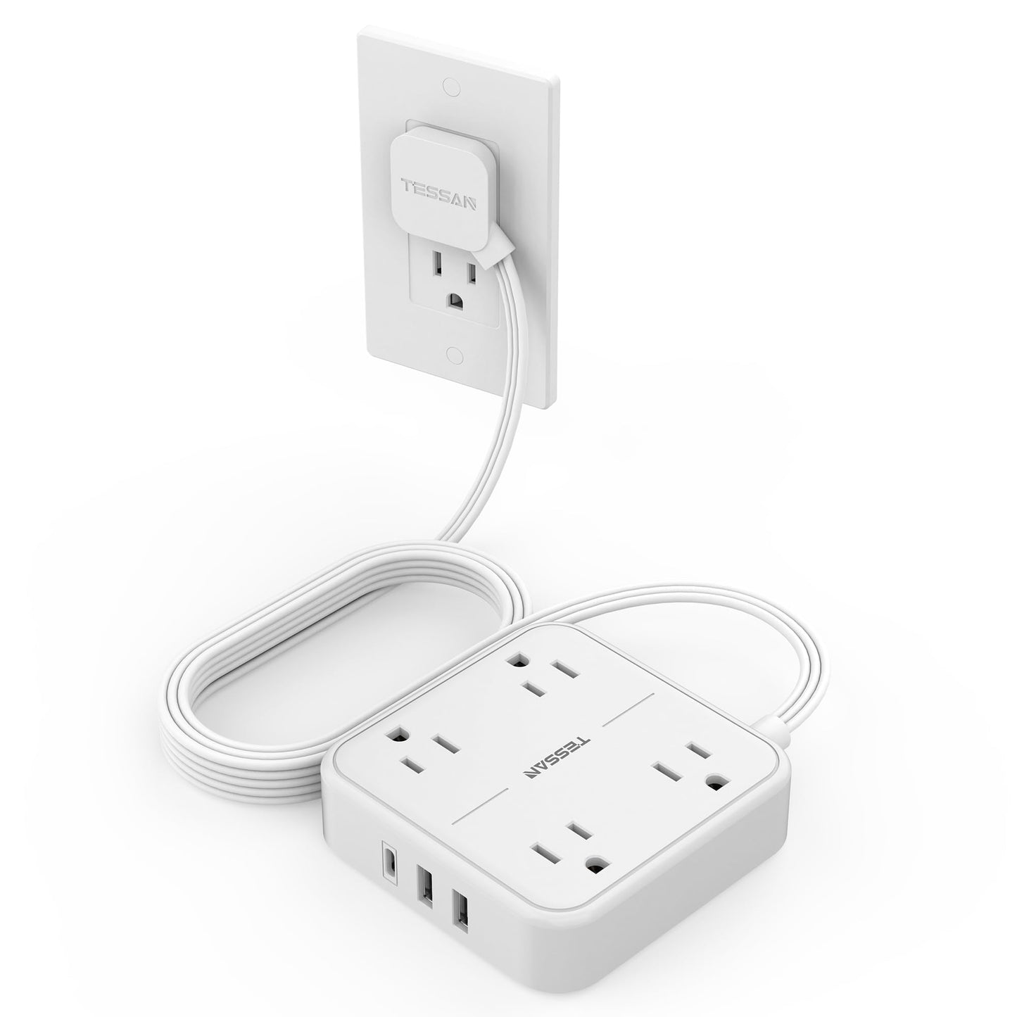 Flat Plug Extension Cord Indoor 5 Feet, Power Bars with Surge Protector, TESSAN Power Strip with 4 Multiple Outlets 3 USB Ports (1 USB C), Surge Protection for Dorm Room Home Office, Gray