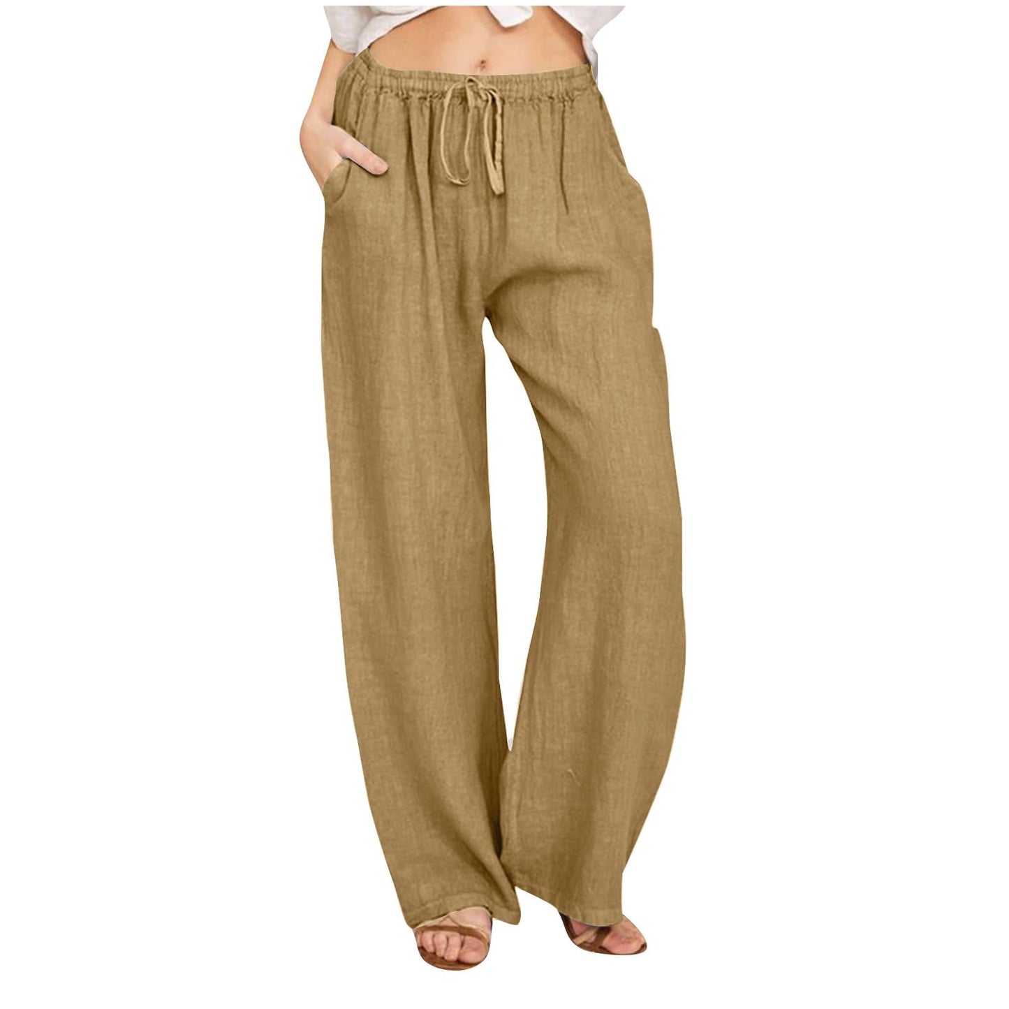 Womens Linen Pants Wide Leg Trendy Casual Pants Elastic High Waist Drawstring Loose Fit Palazzo Trousers with Pockets