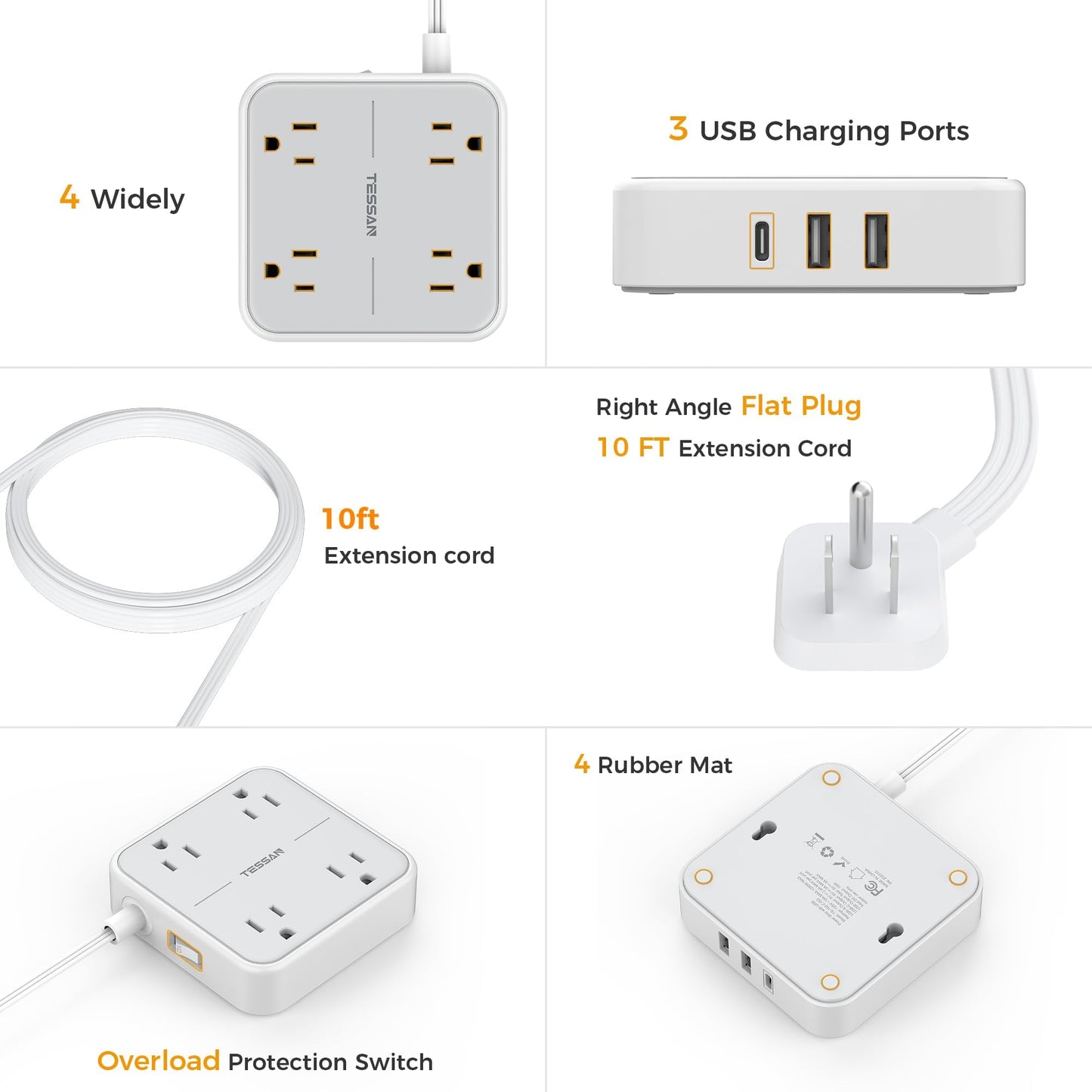 Flat Plug Extension Cord Indoor 5 Feet, Power Bars with Surge Protector, TESSAN Power Strip with 4 Multiple Outlets 3 USB Ports (1 USB C), Surge Protection for Dorm Room Home Office, Gray