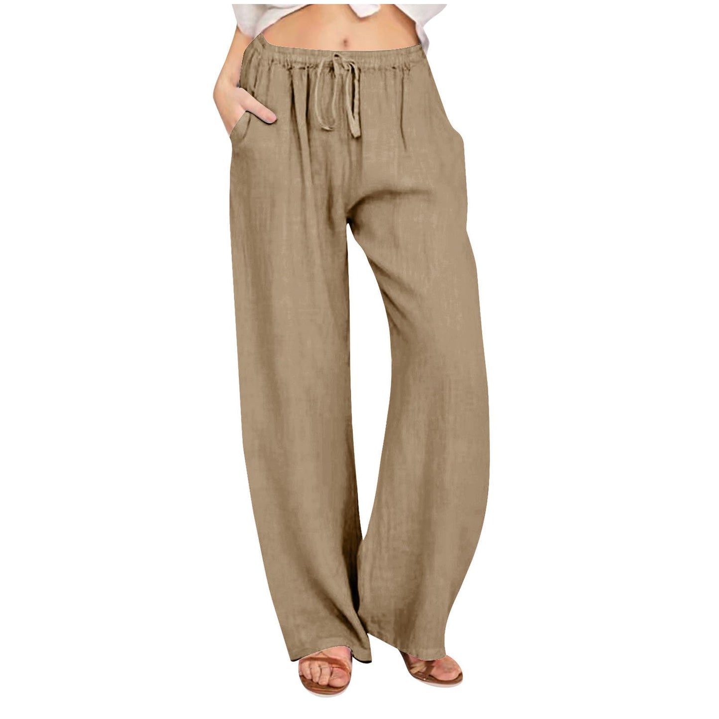 Womens Linen Pants Wide Leg Trendy Casual Pants Elastic High Waist Drawstring Loose Fit Palazzo Trousers with Pockets