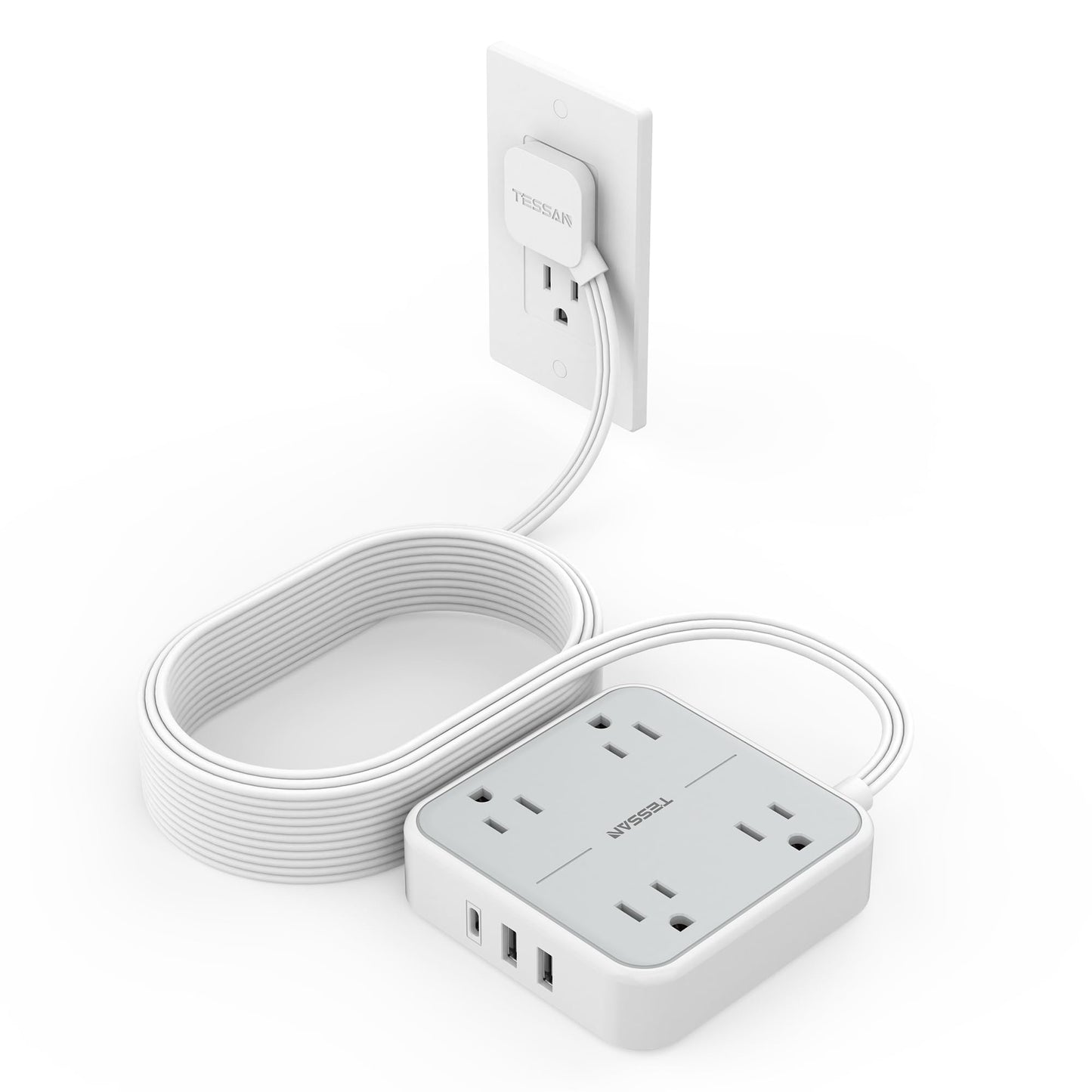 Flat Plug Extension Cord Indoor 5 Feet, Power Bars with Surge Protector, TESSAN Power Strip with 4 Multiple Outlets 3 USB Ports (1 USB C), Surge Protection for Dorm Room Home Office, Gray