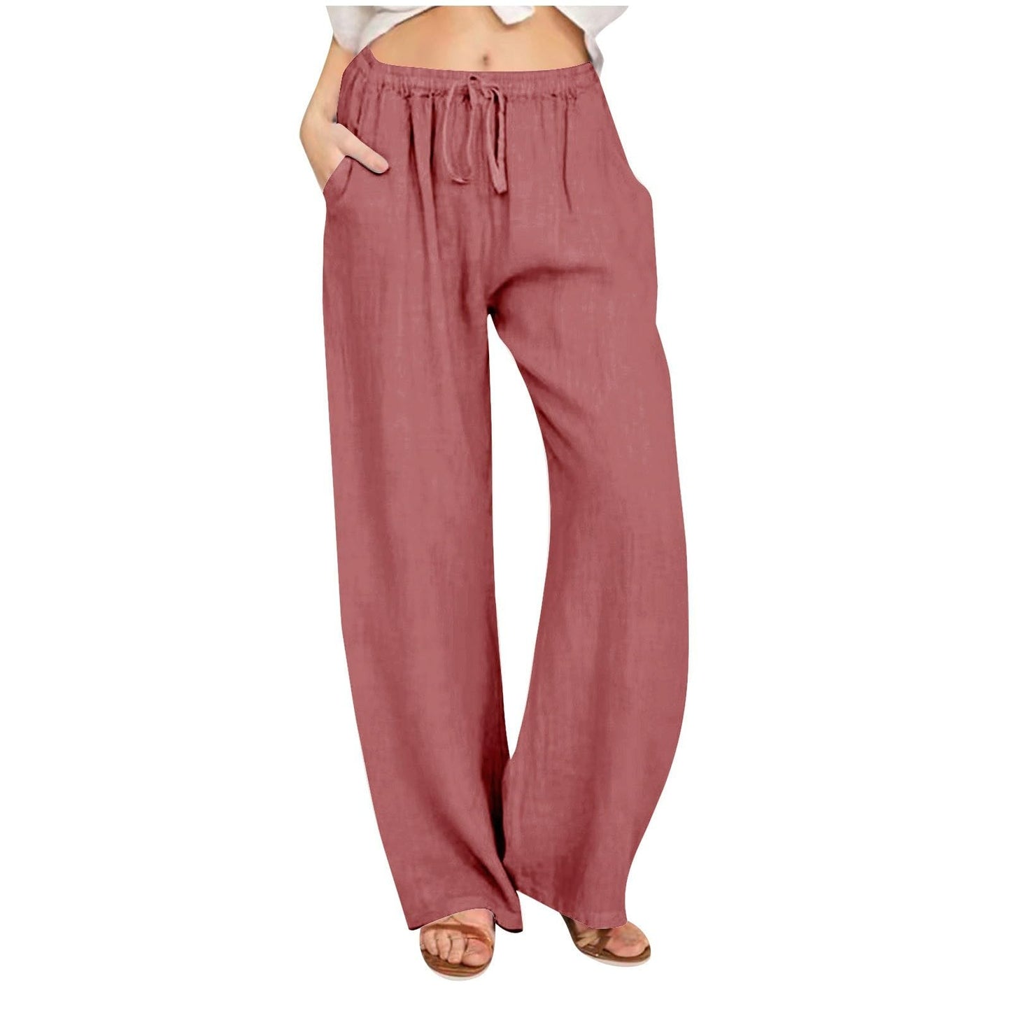 Womens Linen Pants Wide Leg Trendy Casual Pants Elastic High Waist Drawstring Loose Fit Palazzo Trousers with Pockets