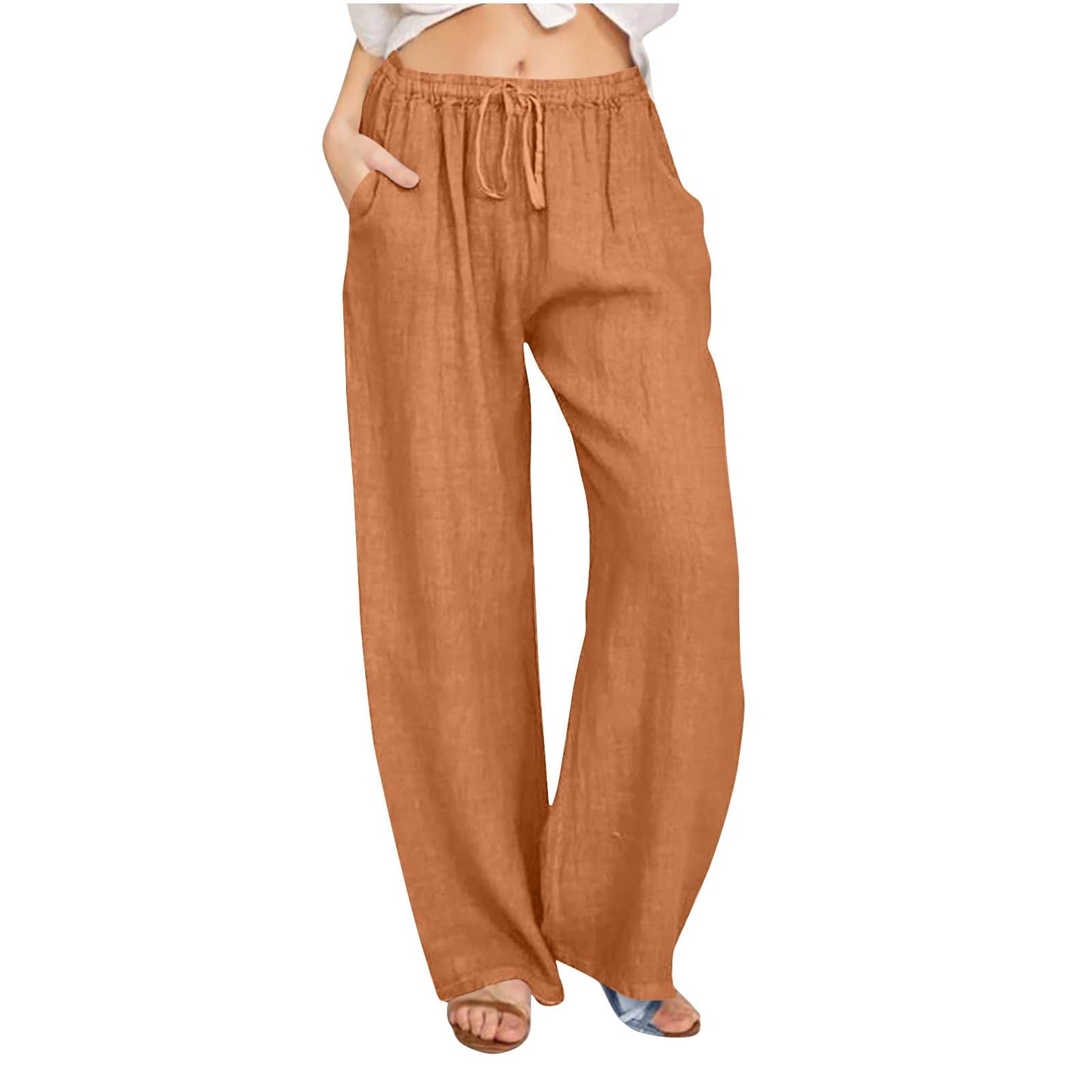 Womens Linen Pants Wide Leg Trendy Casual Pants Elastic High Waist Drawstring Loose Fit Palazzo Trousers with Pockets