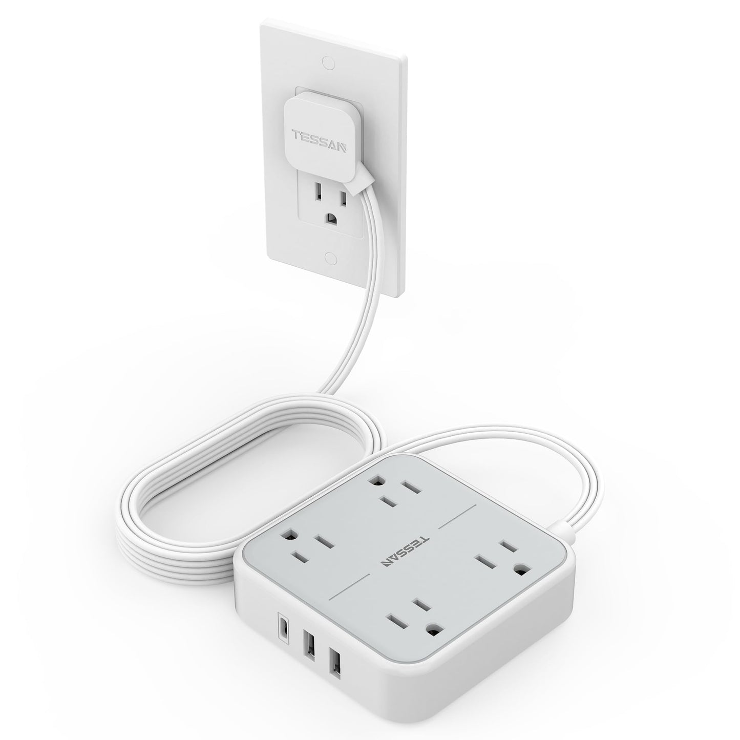 Flat Plug Extension Cord Indoor 5 Feet, Power Bars with Surge Protector, TESSAN Power Strip with 4 Multiple Outlets 3 USB Ports (1 USB C), Surge Protection for Dorm Room Home Office, Gray